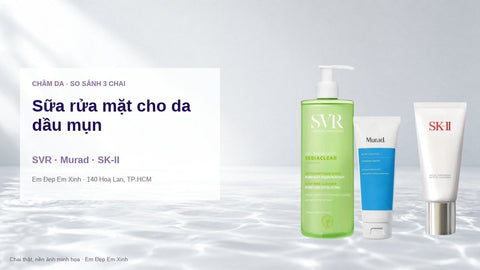 SVR Sebiaclear, Murad Clarifying và SK-II Gentle Cleanser thật trên nền nước (ảnh minh họa)
