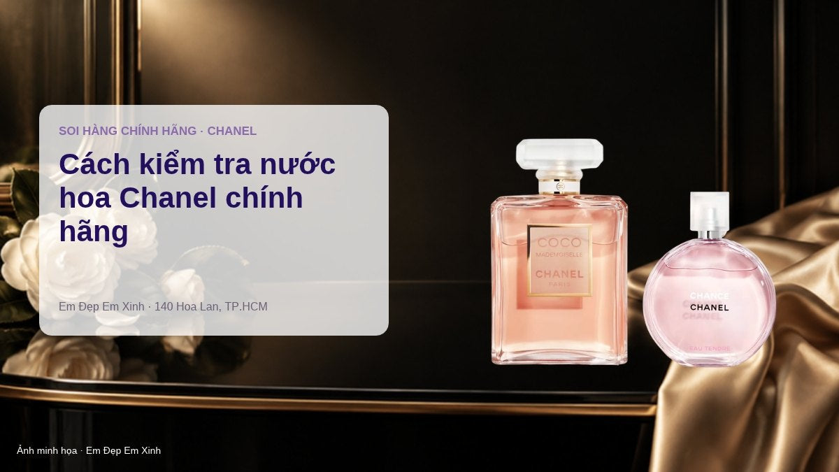 Bìa bài Cách kiểm tra nước hoa Chanel chính hãng: chai Chanel Coco Mademoiselle EDP và Chance Eau Tendre EDT trên bàn đen lụa vàng (ảnh minh họa)