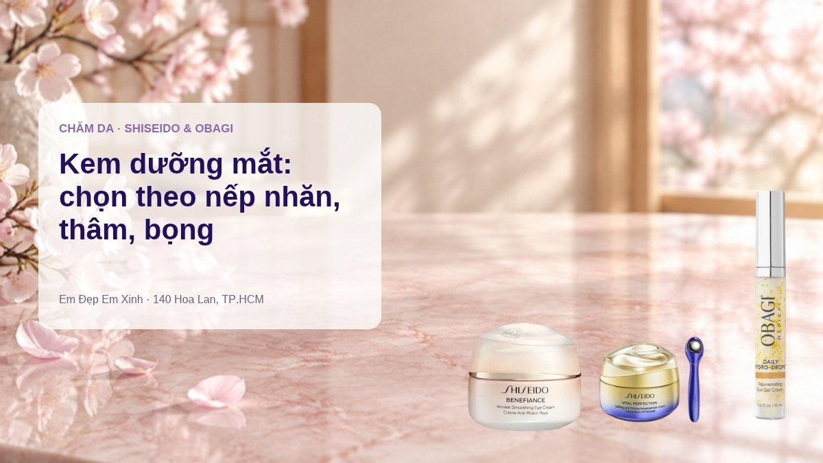 Kem dưỡng mắt Shiseido Benefiance, Vital Perfection và Obagi Hydro-Drops trên bàn trang điểm – chọn kem mắt theo nếp nhăn, thâm, bọng