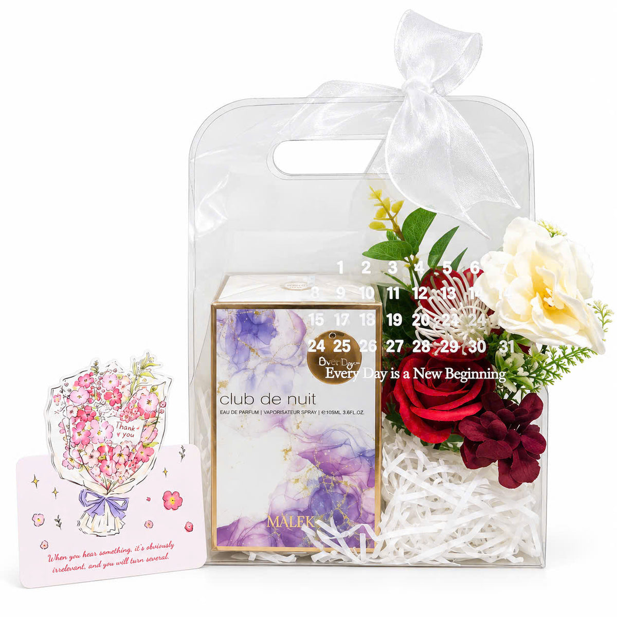 Set quà nước hoa MALEK Club de Nuit EDP 105ml trong túi trong suốt có nơ, hoa trang trí và thiệp