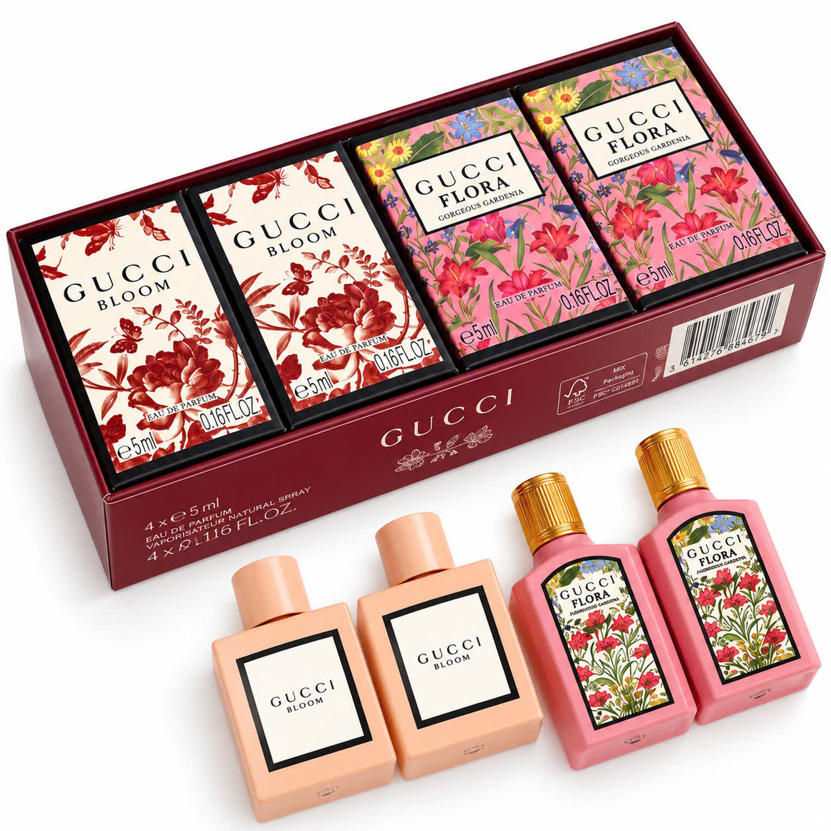 Set quà Gucci gồm 2 chai Bloom EDP 5ml và 2 chai Flora Gorgeous Gardenia EDP 5ml cùng hộp đỏ