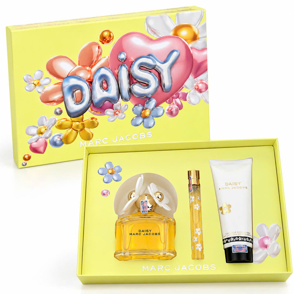 Set quà Marc Jacobs Daisy gồm nước hoa 100ml, mini 10ml và dưỡng thể 75ml cùng hộp vàng