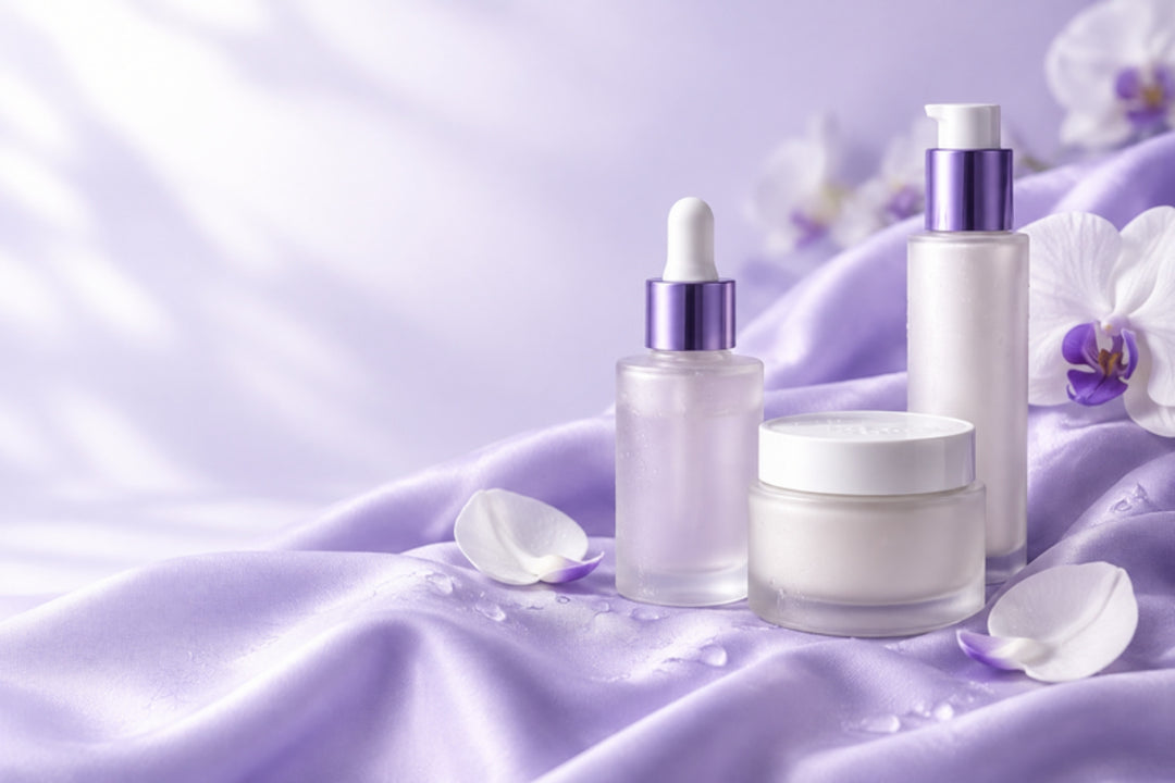 Chai serum và hũ kem dưỡng da trên nền lụa tím nhạt
