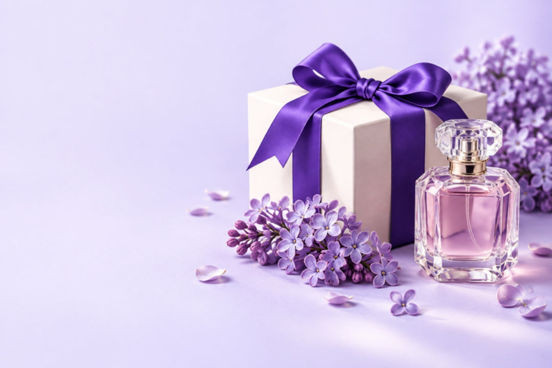 Hộp quà thắt nơ tím bên chai nước hoa