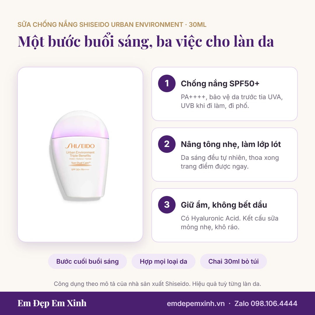 Sữa chống nắng Shiseido Urban Environment SPF50+ 30ml: chống nắng, nâng tông nhẹ, giữ ẩm không bết dầu