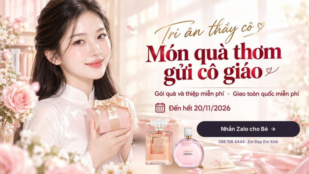 Hộp quà thắt nơ tím bên chai nước hoa
