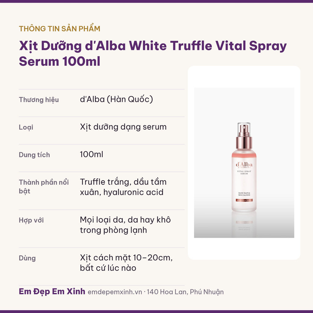 Thông tin sản phẩm xịt dưỡng d'Alba White Truffle Vital Spray Serum 100ml