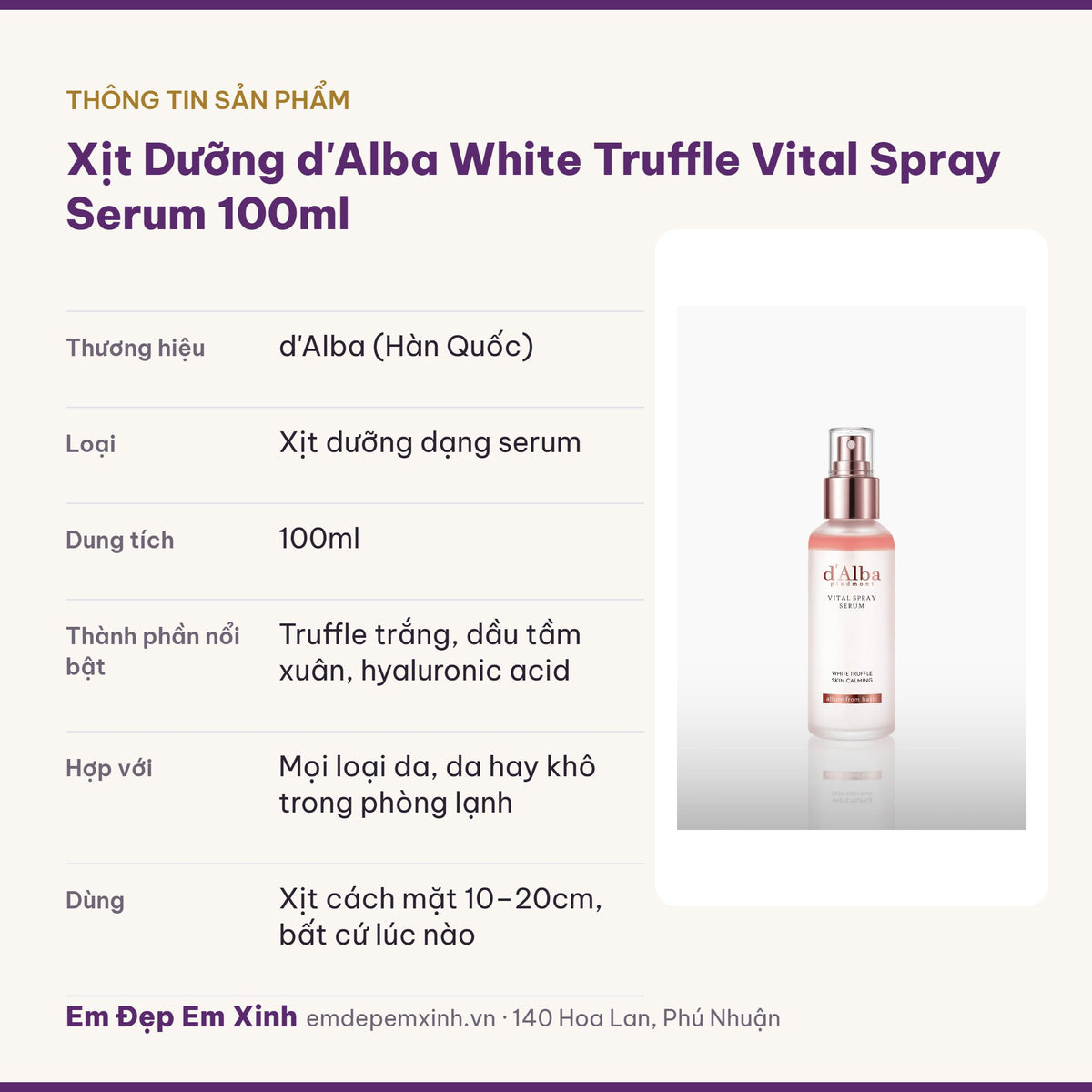 Thông tin sản phẩm xịt dưỡng d'Alba White Truffle Vital Spray Serum 100ml
