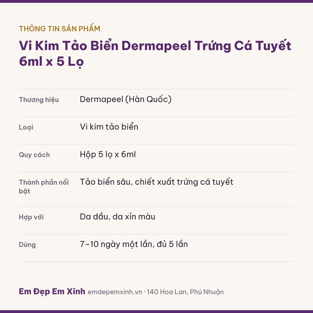 Thông tin sản phẩm vi kim tảo biển Dermapeel hộp 5 lọ 6ml