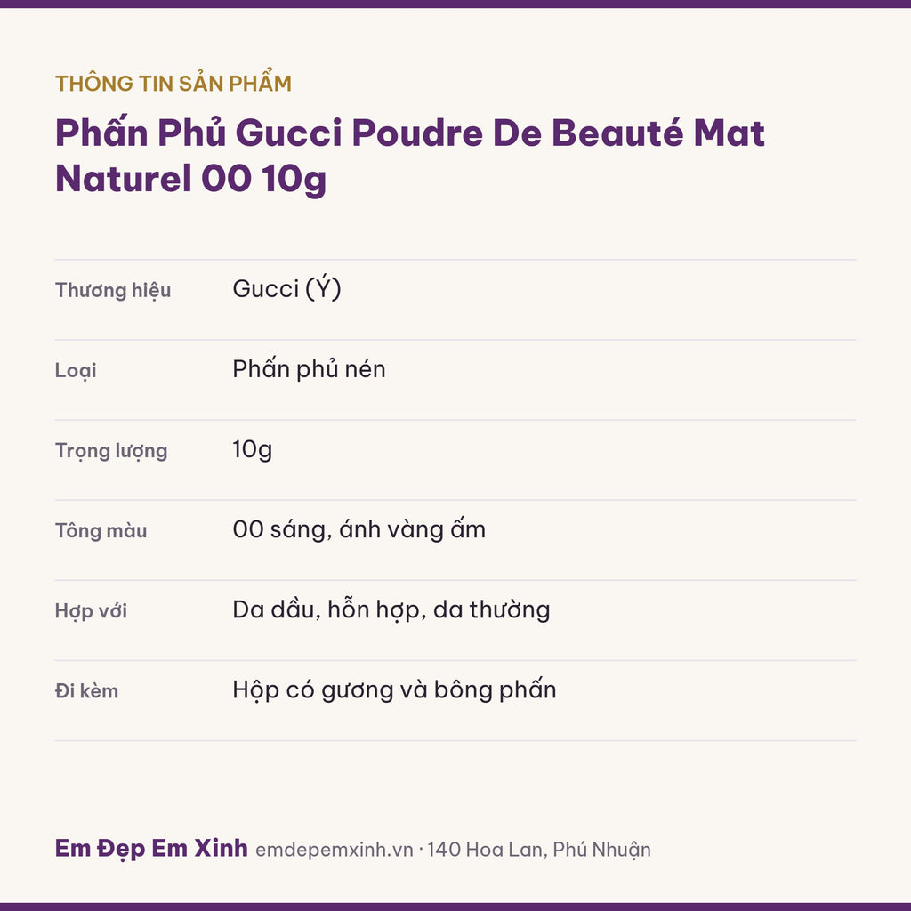 Thông tin sản phẩm phấn phủ Gucci Poudre de Beauté Mat Naturel 00