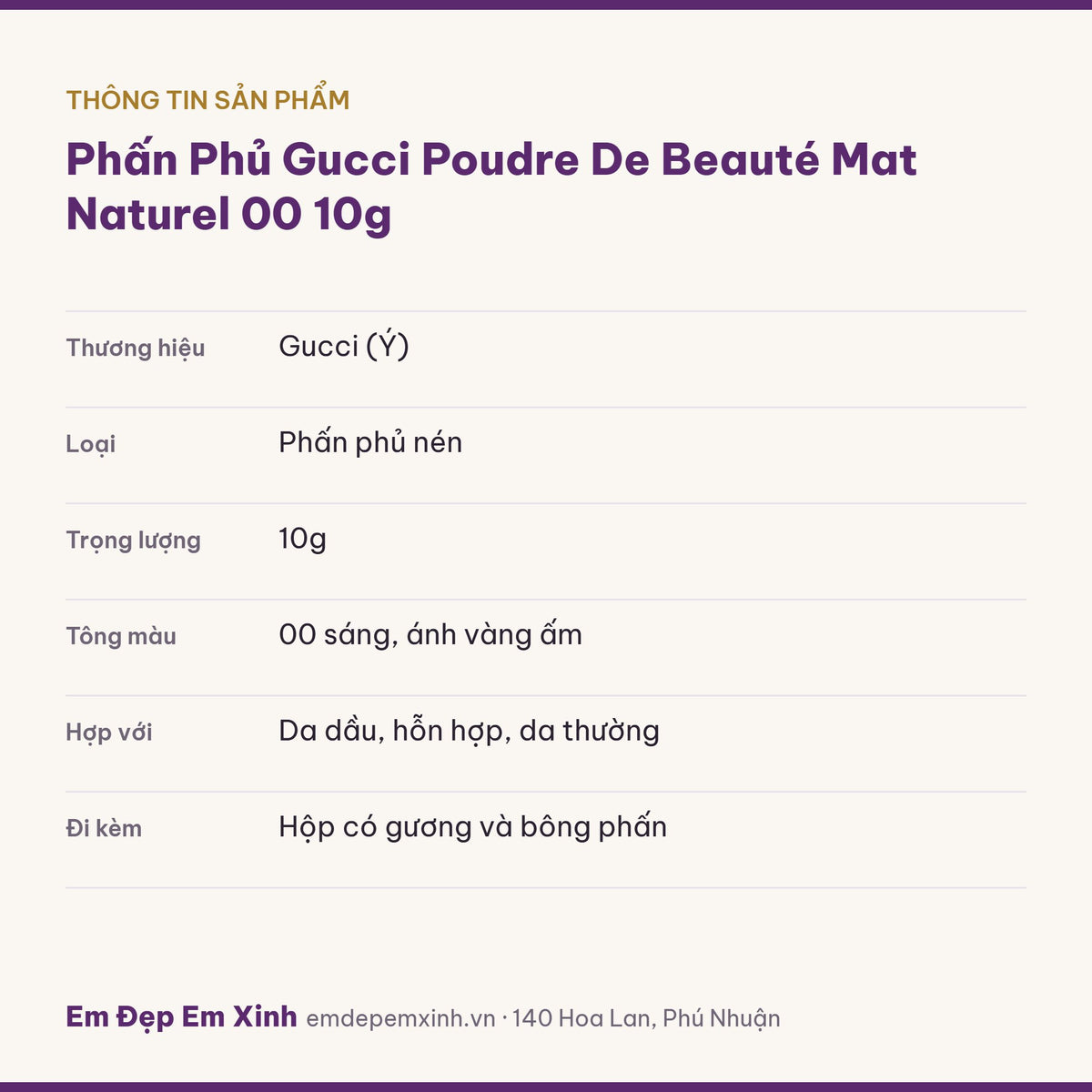 Thông tin sản phẩm phấn phủ Gucci Poudre de Beauté Mat Naturel 00