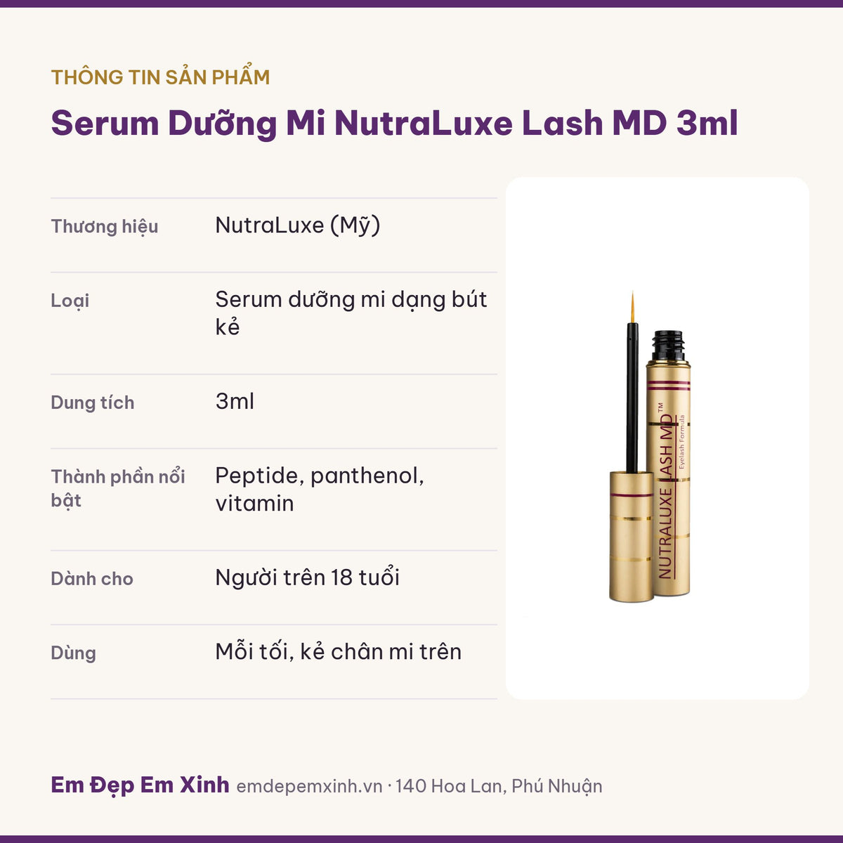 Thông tin sản phẩm serum dưỡng mi NutraLuxe Lash MD 3ml