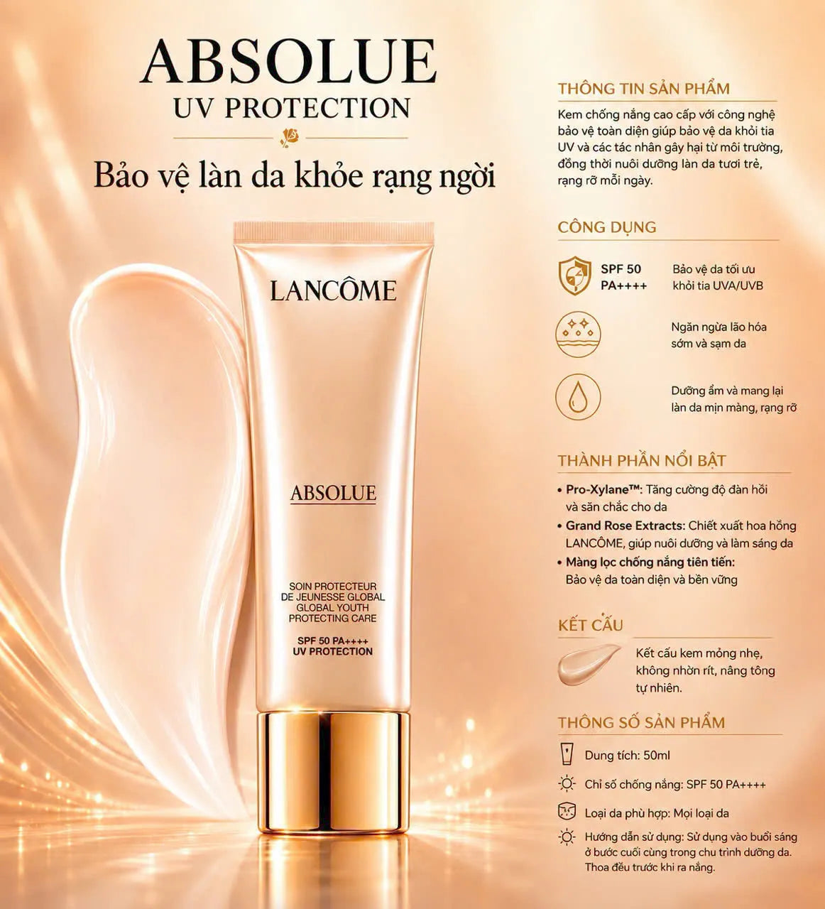 Kem Chống Nắng Tái Tạo & Trẻ Hóa Da Cao Cấp Lancôme Absolue Precious Cells Global Youth Protecting Cream SPF50/PA++++ 50ml (Pháp)