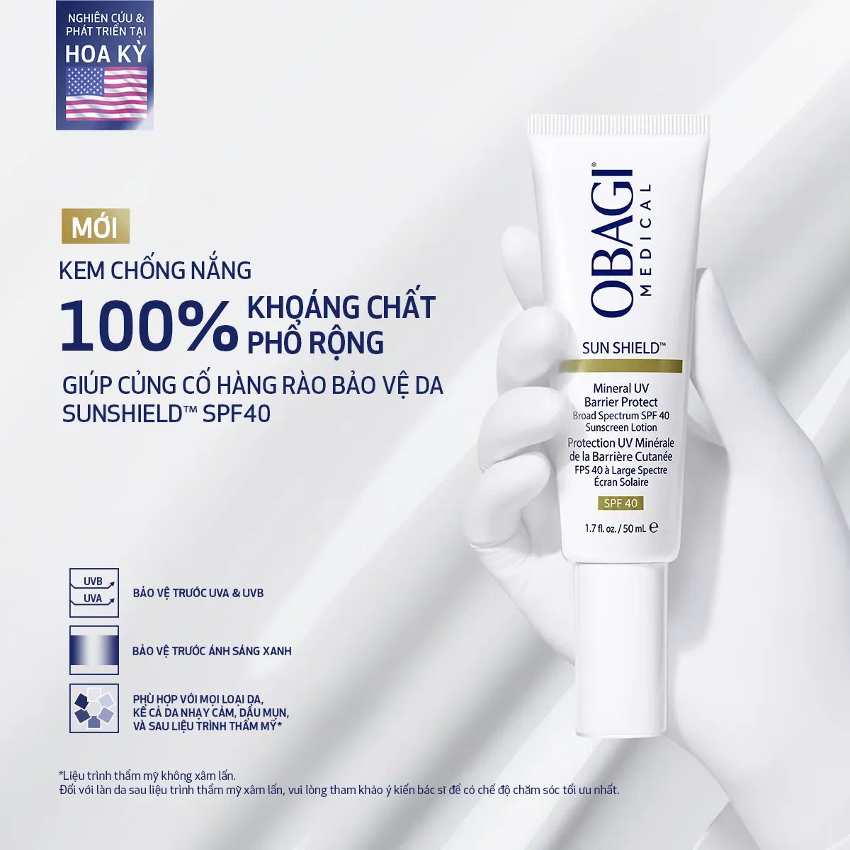 Kem Chống Nắng 100% Khoáng Chất Phổ Rộng Giúp Củng Cố Hàng Rào Bảo Vệ Da Obagi Medical Sunshield™ SPF40