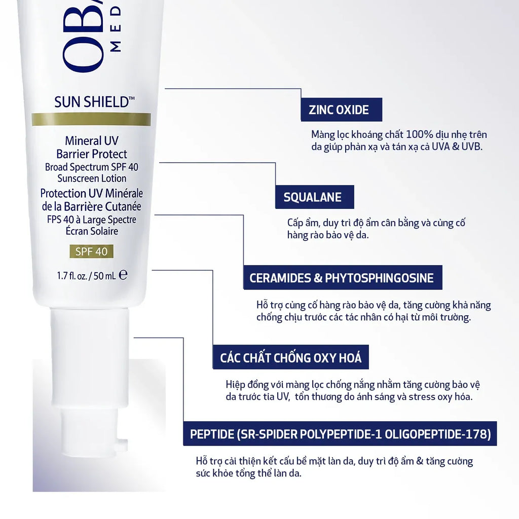 Kem Chống Nắng 100% Khoáng Chất Phổ Rộng Giúp Củng Cố Hàng Rào Bảo Vệ Da Obagi Medical Sunshield™ SPF40