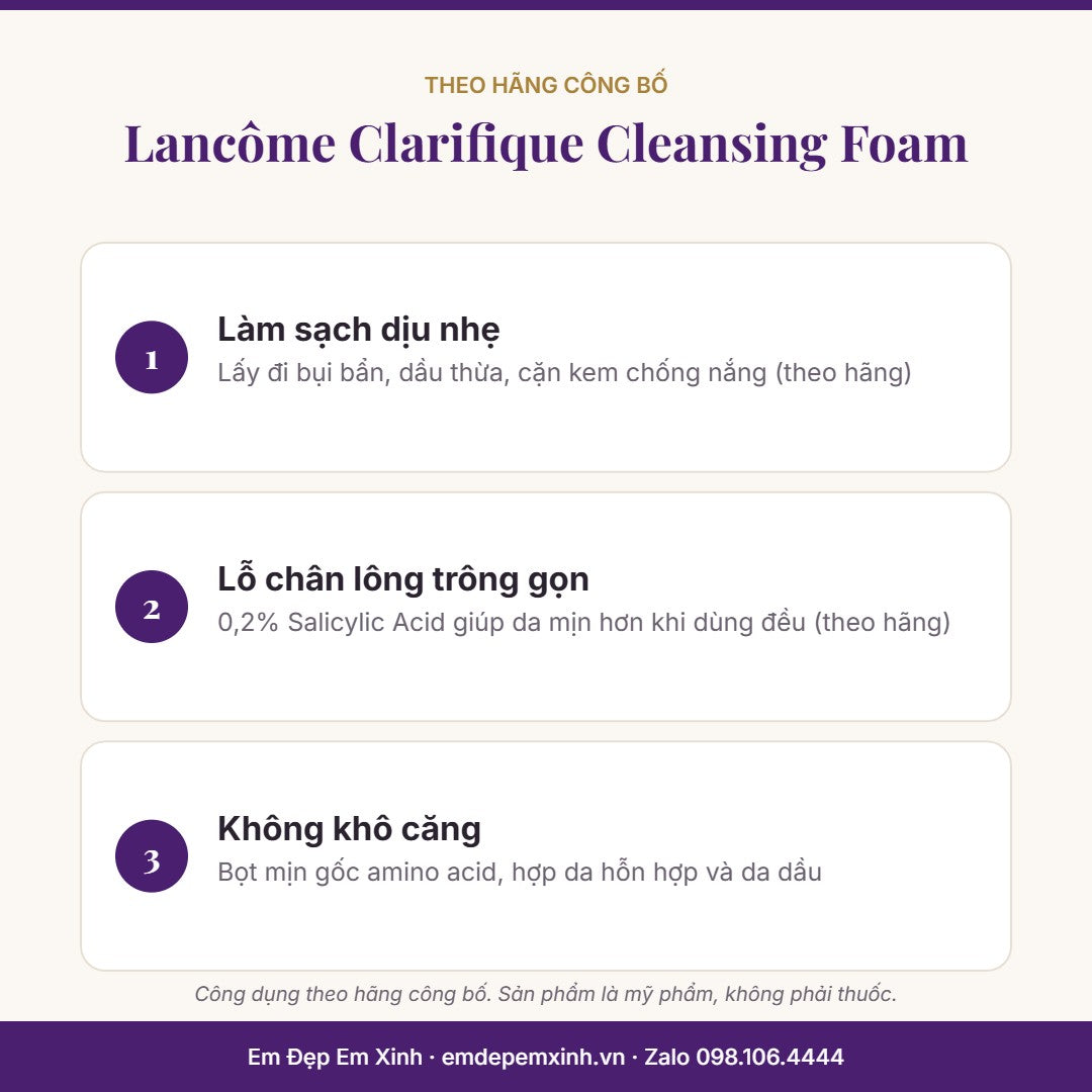 Sữa rửa mặt Lancôme Clarifique Cleansing Foam – 3 điểm chính theo hãng