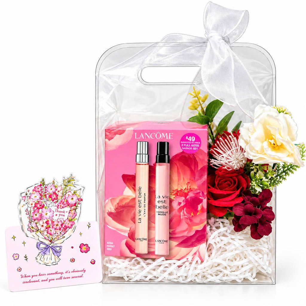 Set quà 20/10 Lancôme La Vie Est Belle và Vanille Nude 2 x 10ml kèm hộp trong suốt, nơ, hoa trang trí và thiệp