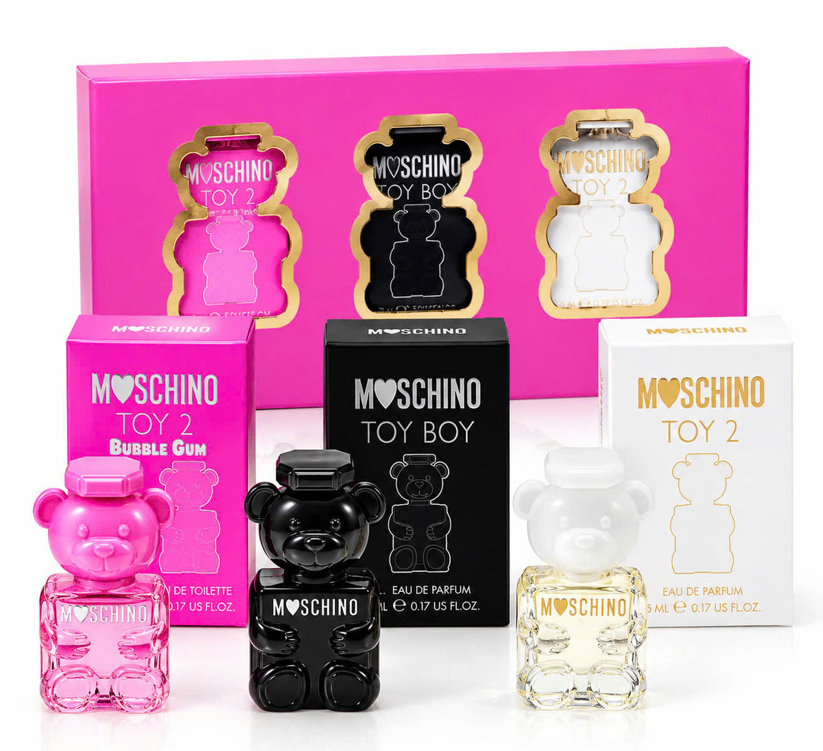 Set Moschino 3 x 5ml gồm Toy 2 Bubble Gum màu hồng, Toy Boy màu đen và Toy 2 màu trắng cùng hộp hồng