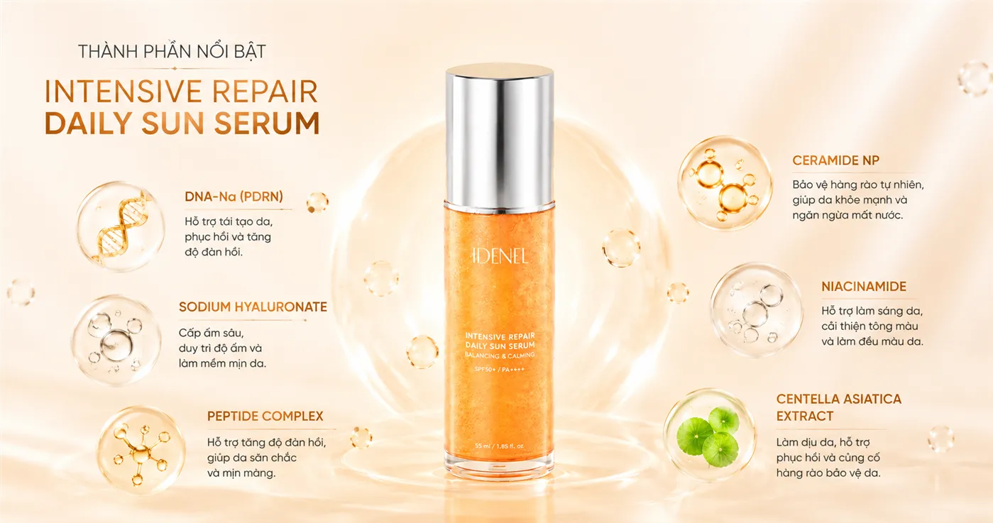 Serum Chống Nắng Noãn Cá Hồi – IDENEL Intensive Repair Daily Sun Serum SPF50+ PA++++ 50ml