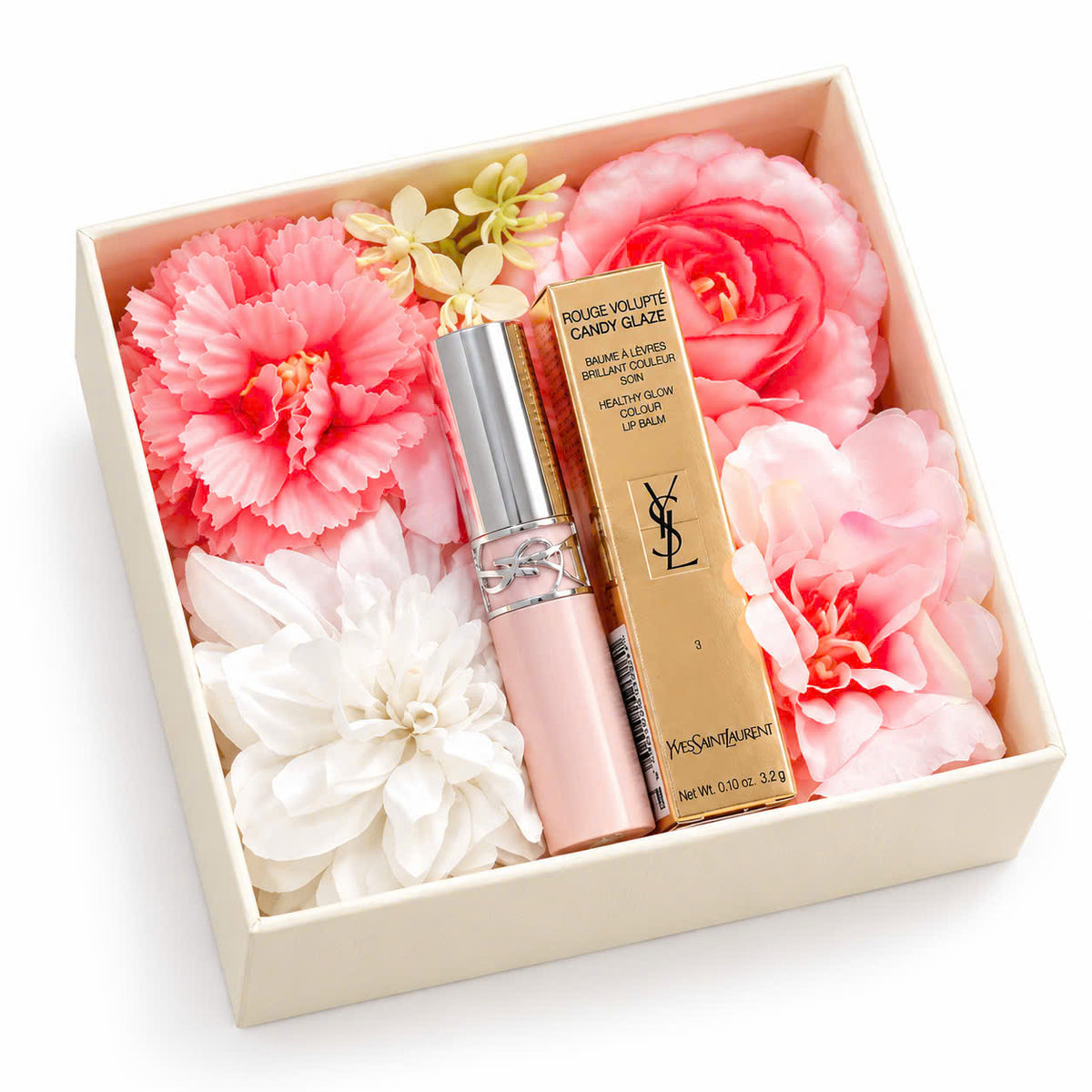 Hộp quà son YSL Rouge Volupté Candy Glaze 03 3,2g với hoa trang trí
