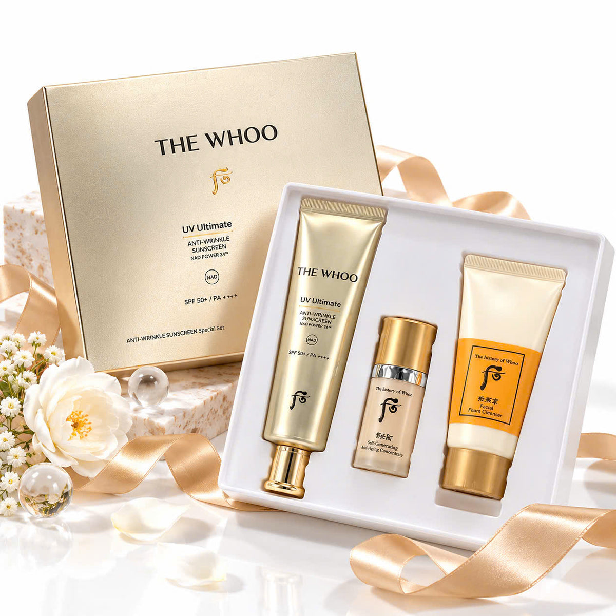 Set quà 20/10 The Whoo UV Ultimate chống nắng 75ml, serum 8ml & sữa rửa mặt 40ml