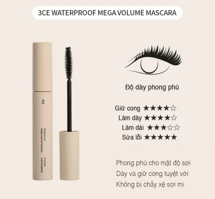 Chuốt mi làm dày dài và cong mi 3CE Waterproof Mega Volume Mascara #Black